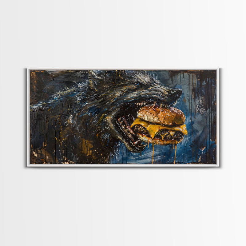 Big Ol Werewolf Having A Cheese Burger - Framed Canvas Print - Funny Halloween Art