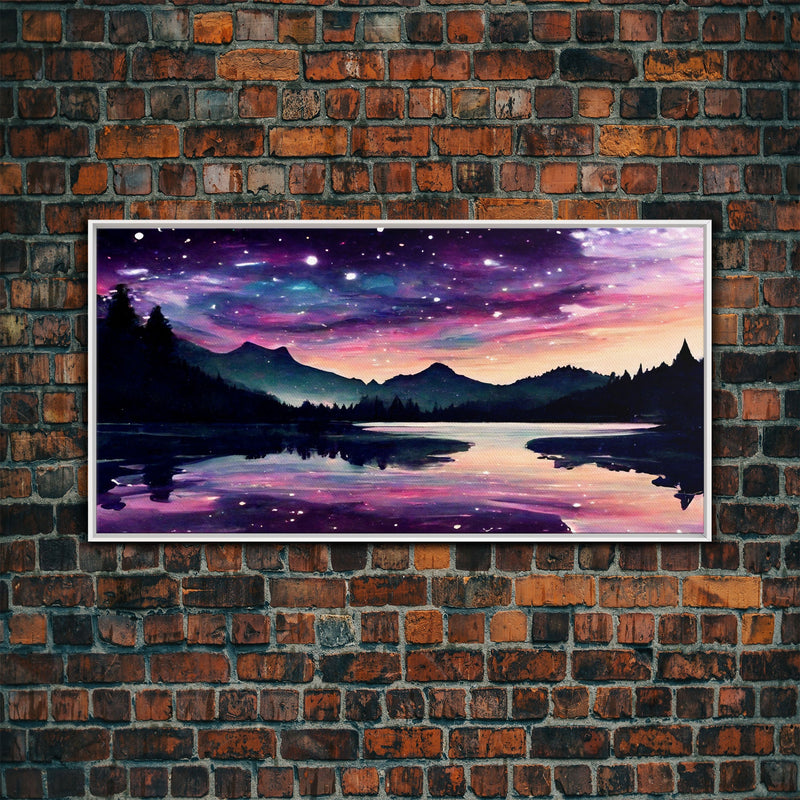 Beautiful lake at night canvas print, purple and pink sunset night sky, wall art canvas, lake front view, guest room wall art