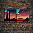 Pueblo style art deco sunset canvas print, outrun, colorful art, desert art, living room wall art, stained glass look, Arizona style art