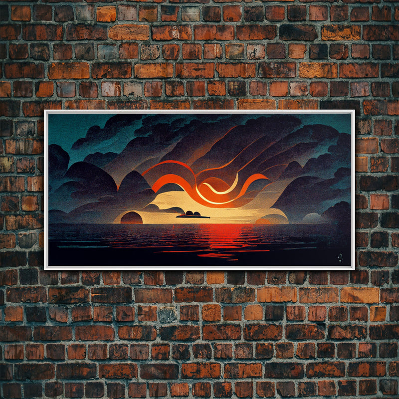 Abstract art deco sunset canvas print, sunset over the vast ocean, living room art