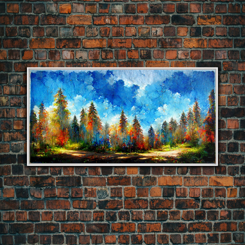 Beautiful Forest Sunset Oil Painting Canvas Print, Blue Skies and Fall Trees, Autumn, Ready to hang gallery wrapped nature canvas print