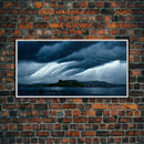 Rainstorm wall art, canvas print, ready to hang, fast moving storm over an island castle, cool wall art