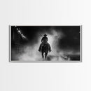 Mysterious Cowboy Riding Through Smoke at Night, Framed Canvas Print for Living Room, Ideal Western Bedroom Decor, Wall Art