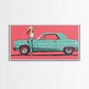 Cowgirl Leaning Against Classic Car in Pop Art Style, Vibrant Framed Canvas Print for Bedroom, Perfect Living Room Wall Art
