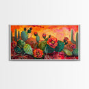 Prickly pear cacti with vibrant blooms in desert scene, Framed Canvas Print, great for modern living room, boho wall decor