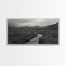 River and Rolling Hills Under Cloudy Sky, Black and White Framed Canvas Print Rustic Farmhouse Living Room Decor, Landscape Art, Home Decor