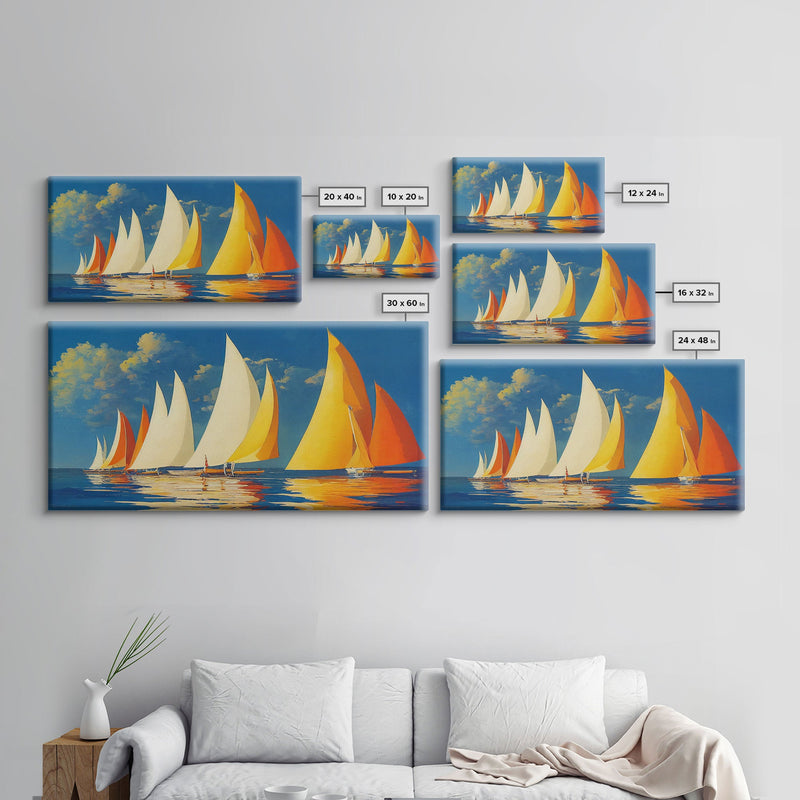 Art Deco Sailboats, Sailing Art, Sailing on the open sea, Wall Decor, Ready To Hang Framed Canvas Print, Oversize Wall Art