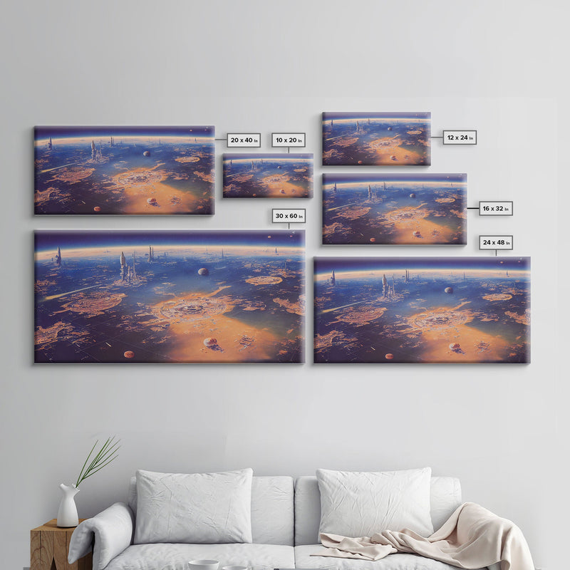 Bird's eye view of a futuristic city-planet, cool scifi art, framed canvas print, ready to hang framed wall art