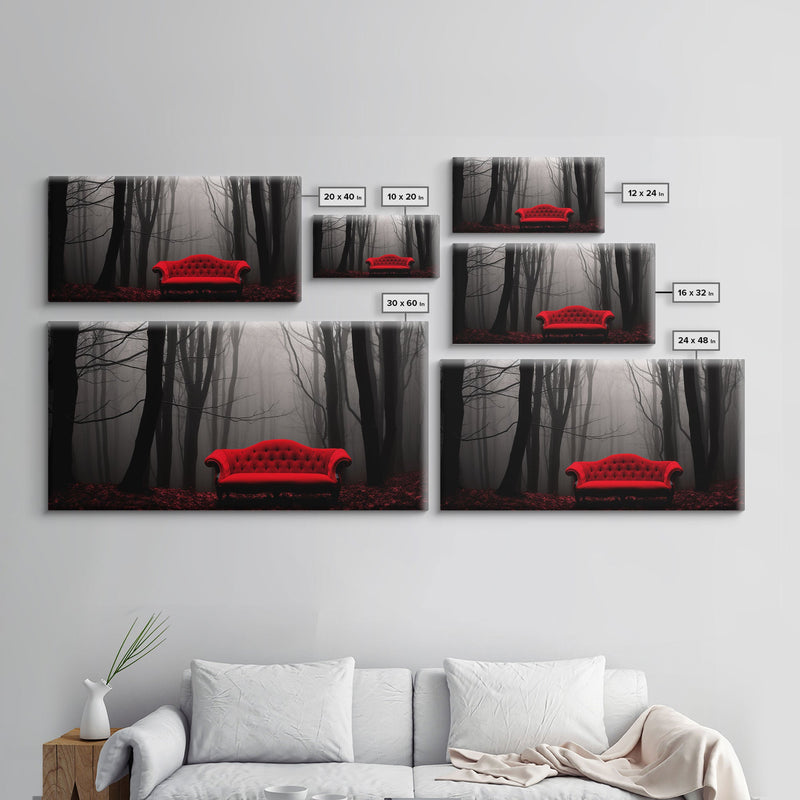 Red Sofa In A Forest Framed Canvas Print, Thought Provoking Art, Framed Art, Creepy Photography, Halloween Art