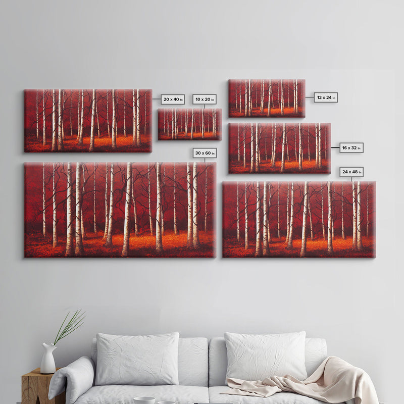 Birch Trees, Haunted birch forest, blood red forest, framed canvas print, ready to hang framed wall art