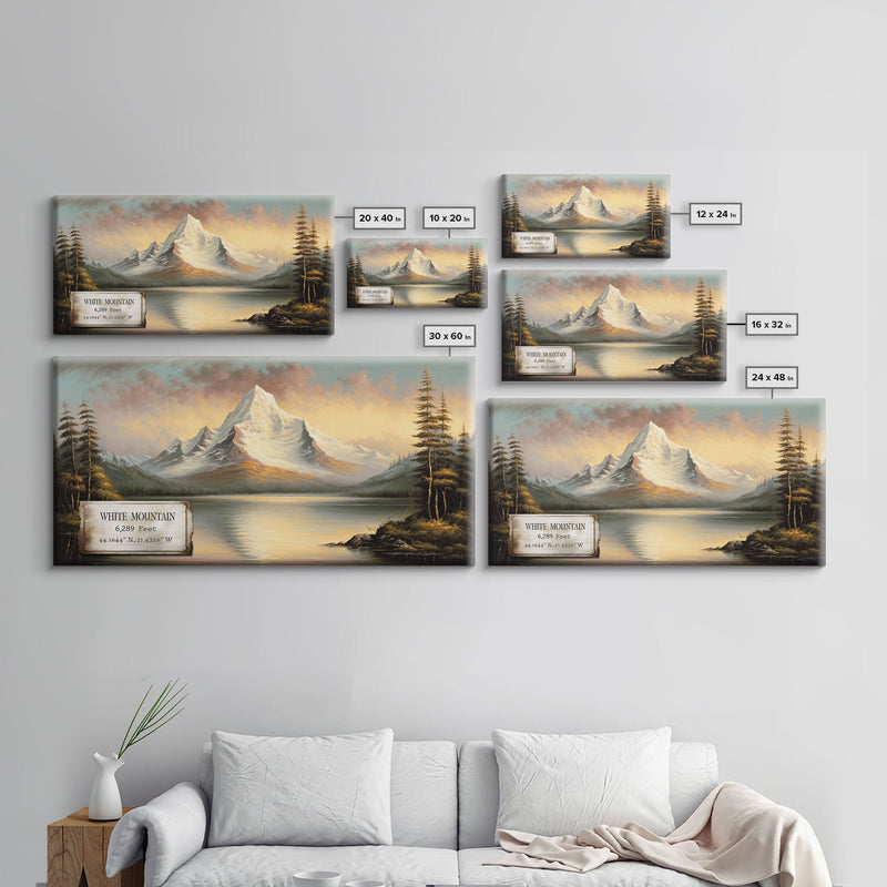 White Mountain, Travel Poster Wall Art, Framed Canvas Print, American Mountains, Mountain Landscape Painting, Mountains of New Hampshire