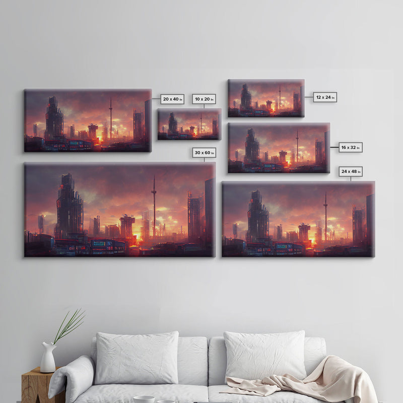 Watercolor of a cyberpunk city, canvas print, dystopian urban landscape at sunset, synthwave style