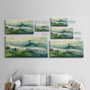 Green Blue Foggy Mountain Valley Watercolor Canvas Art Print, Panoramic Misty Rolling Hills Landscape, Extra Large Panorama Print