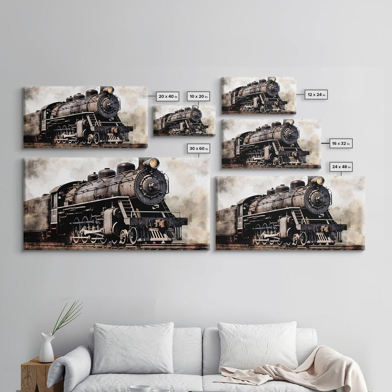 Black Steam Train Wall Art, Locomotive Wall Decor, Retro Train Wall Art, Panoramic Wall Decor, Canvas Print, Wall Art, Framed Canvas Art