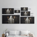 Cute Ghost Holding Candles, Framed Canvas Print, Dark Academia Wall Art, Victorian Oil Painting Style Halloween Wall Art, Ghost Print