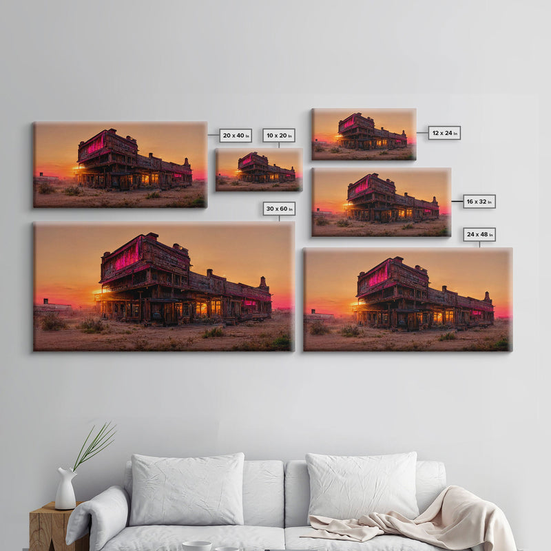 Abandoned wild west saloon at sunset canvas print, travel photography art, outrun sunset ready to hang wall art