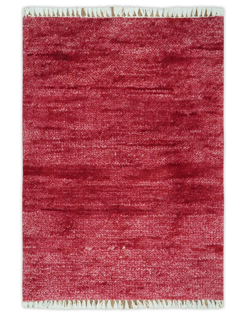 2X2.6 Solid Plain Red Hand knotted wool area rug