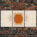 3 Piece Framed Canvas Wall Art Sun With Rays, Mid Century Modern, Art Deco, Retro Wall Art, Shabby Chic Boho Wall Art for Bedroom