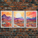 Black Framed 3 Piece Wall Art, Southwestern Desert Scene at Sunset, Minimalist Wall Art, MCM Style Midcentury Wall Decor, Above Sofa Art