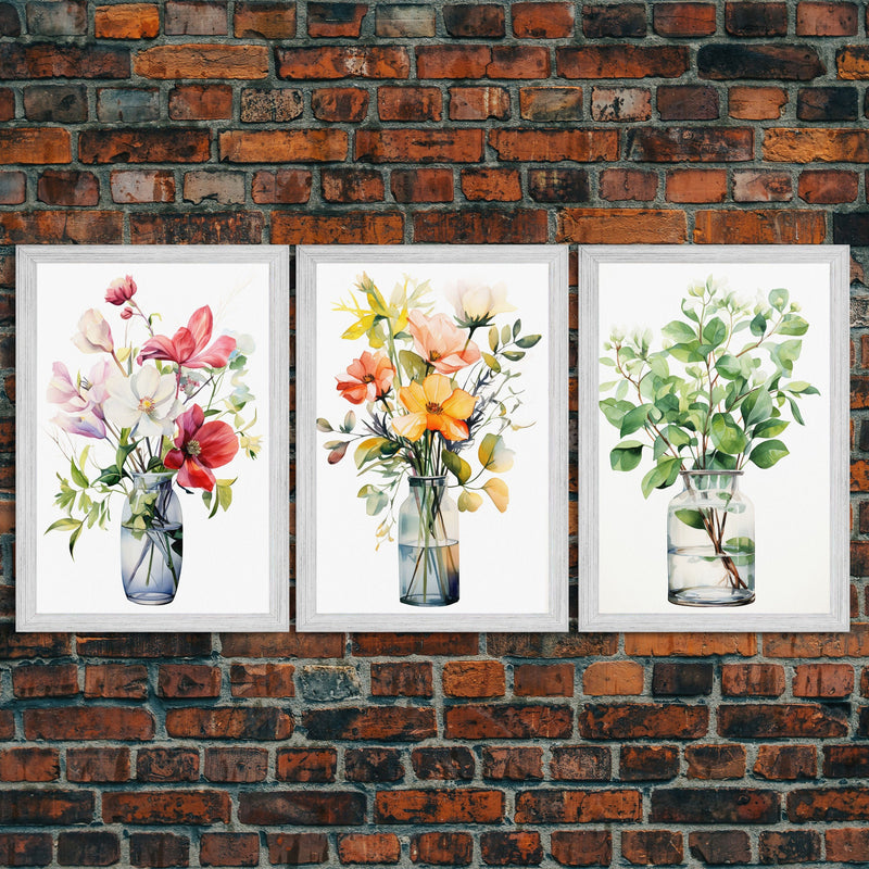 3 Piece Set, Cute Kawaii Floral Print, Flowers In Vases, Framed Wall Art, Canvas Print, Botanical Wall Decor, Boho Kitchen Art, French Art