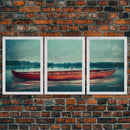 Skiff on the lake, Abandoned canoe, lake house art, 3 piece canvas, 3 piece wall art, cool unique living room art