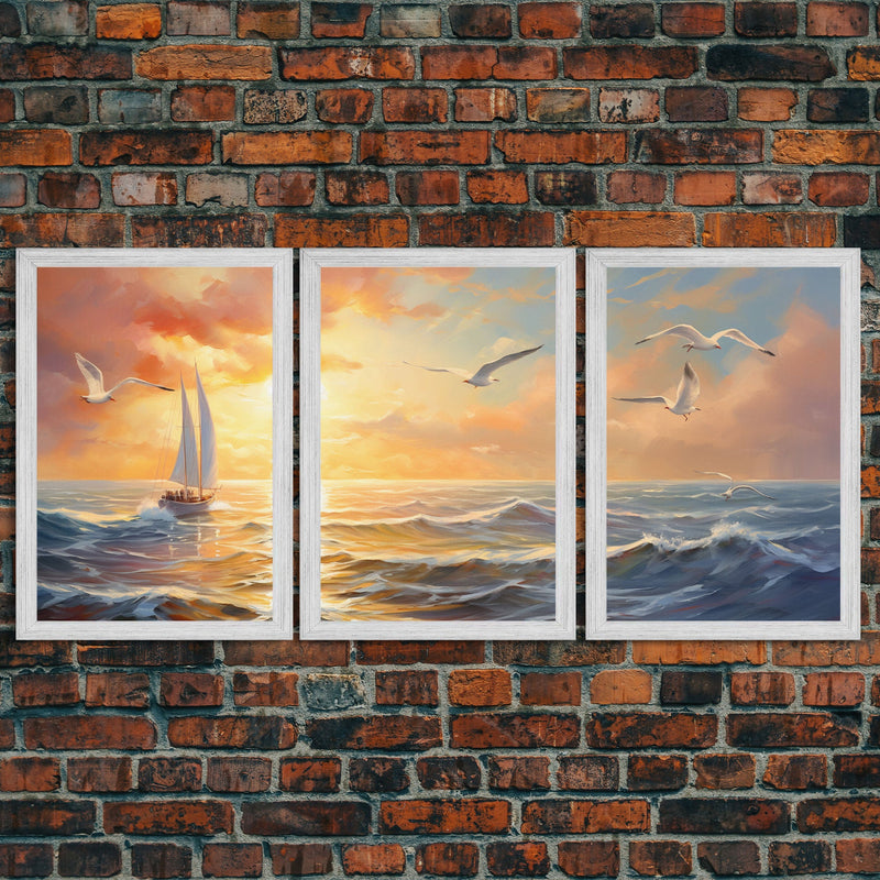 Beautiful Ocean At Sunset 3 Piece Canvas Print Wall Art, Above Sofa, Abstract Art, Modern Art, Minimalism Lakehouse Decor