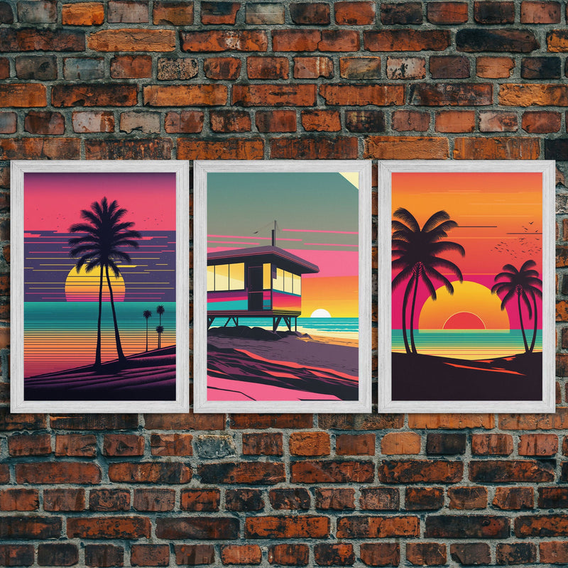 Beach Vibes, 3 Panel Wall Art, Framed Canvas Prints, Triptych Art, 3 Piece, 80s Vibes Vaporwave Wall Art, Life Guard Hut and Palm Trees