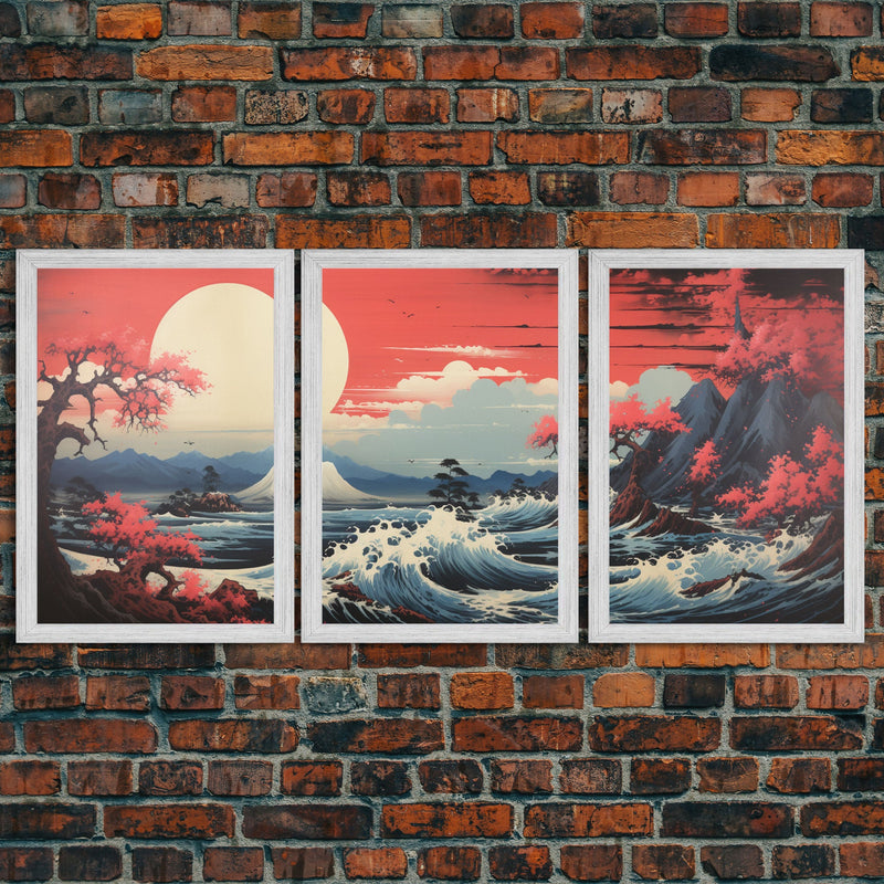 Asian Art, Japanese Wall Art, Mountains Print, Sunset Print, Canvas Print, Wall Art, 3 Piece Wall Art, Dorm Room Art, Gaming Wall Decor