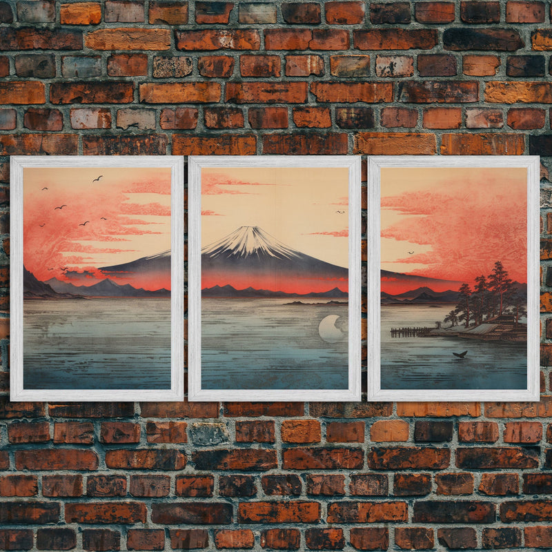 Volcano Print,  Asian Art, Japanese Wall Art, Canvas Print, Wall Art, 3 Piece Wall Art, Office Decor, Beach House Wall Decor, Office Art