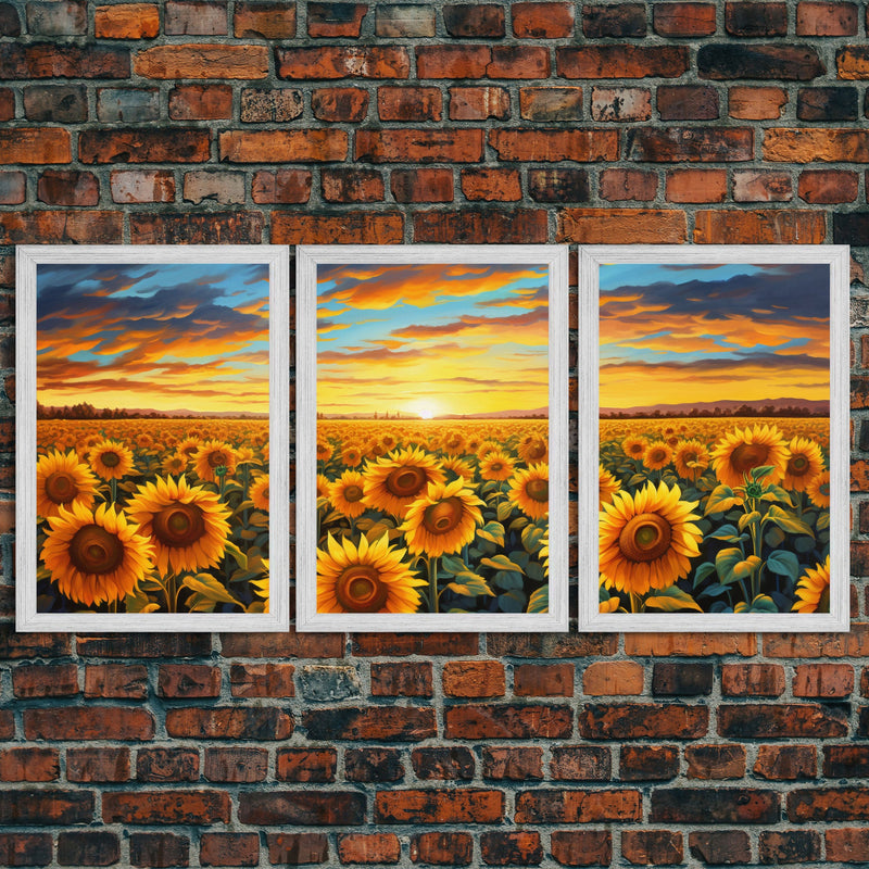 Beautiful Canvas Print Set | Sunflowers Wall Art Triptych | Botanical Print Set | Living Room Wall Art | Flower Illustrations | Flower Art