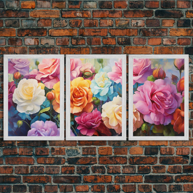 Beautiful Rose Art, Framed Canvas Print, Floral Art, Botanical  Decor, Blue and Yellow Roses, 3 Piece Art Set