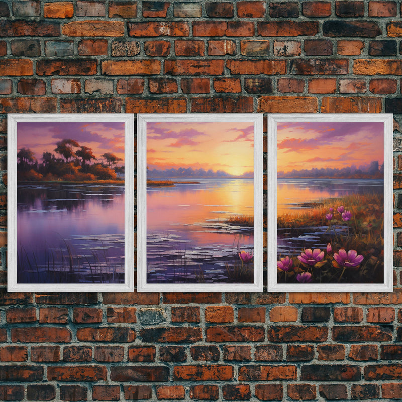 Beautiful 3 Piece Wall Art, Framed Canvas Print, 3 Piece Set, Lake House Decor, Sunset Over The Purple Marsh, Above Sofa Art