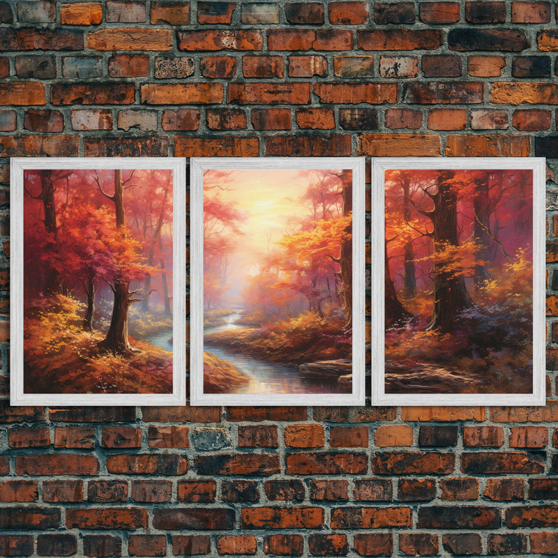 Beautiful Fall Centerpiece Art, Framed Canvas Print, 3 Piece Art, Thanksgiving Centerpiece, Above Sofa Art, Fall Finds, Landscape Painting