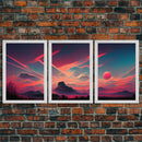 Outrun Style Sunset Over The Mountains, 3 Piece Wall Art, Ready To Hang Canvas Print, Cool Unique Living Room Wall Art Decor
