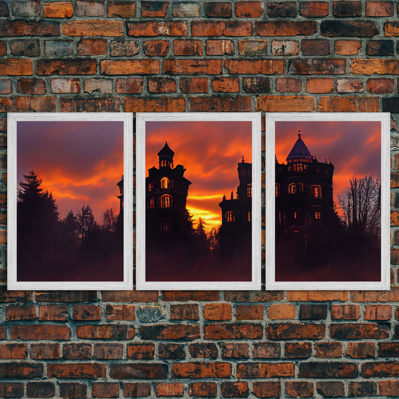 3 Piece Canvas Wall Decor, Ready To Hang Canvas Prints, Victorian Style Haunted House, Spooky Halloween Wall Art Decor