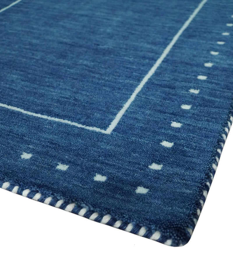 Modern Solid Plane Blue Hand Loomed Southwestern Gabbeh Custom Made wool Area Rug