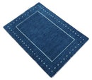 Blue and White Hand Loomed Wool Area Rug - Modern Southwestern Gabbeh by The Rug Decor