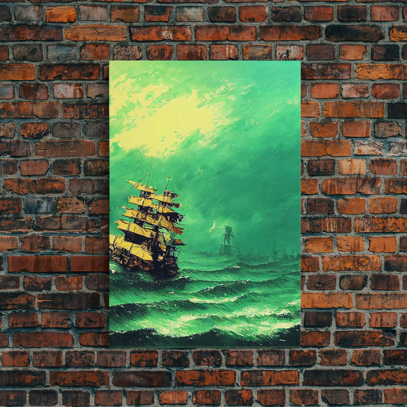 Watercolor of a Pirateship, Ghost Ship Art, Framed Canvas Print, Ready To Hang Framed Wall Art, Living Room Wall Hanging