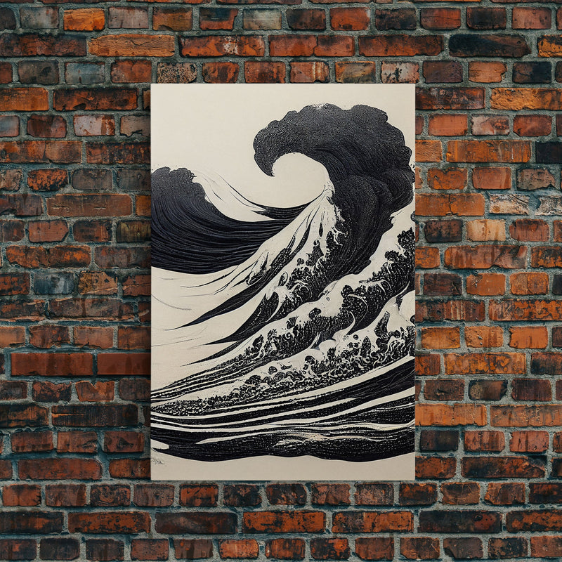 Black and White Tsunami Waves, Japanese Style Art, Framed Canvas Print, Ready To Hang Framed Wall Art, Living Room Wall Decor