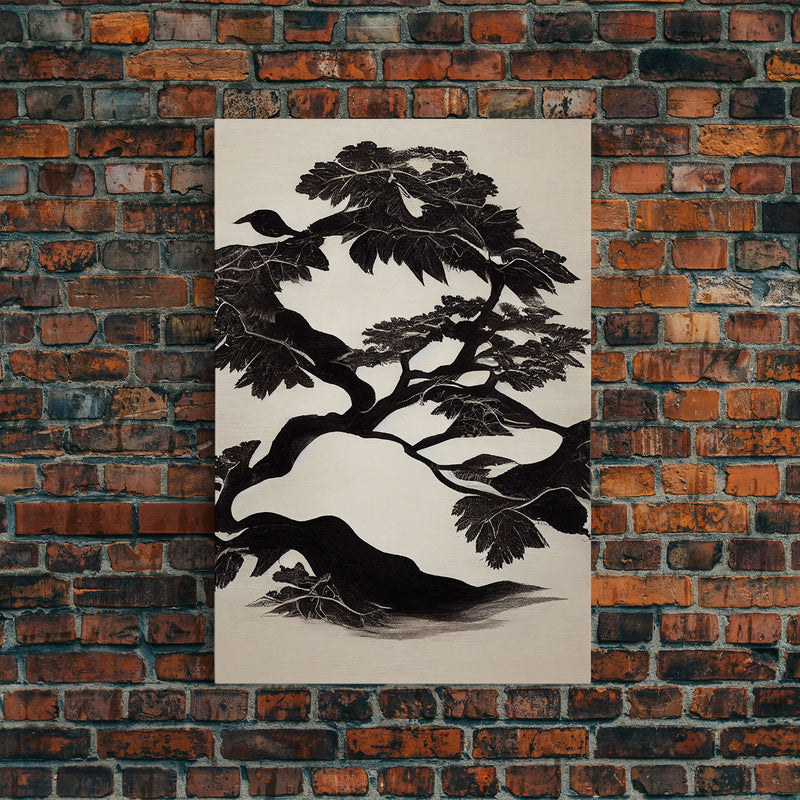 Black and White Bonsai Tree, Framed Canvas Print, Ready To Hang Framed Wall Art, Living Room Wall Hanging