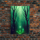 Emerald green city streets under a full moon, cool spooky art, framed canvas print