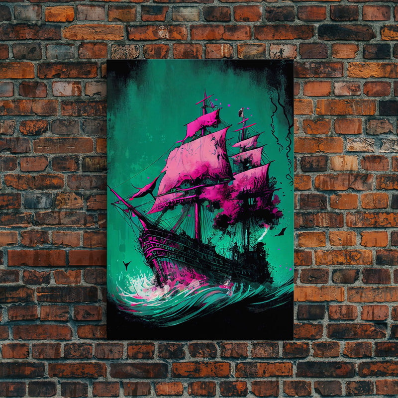 Watercolor of a haunted ghost pirate ship, framed canvas print wall art