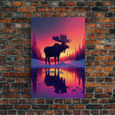 Moose of Canada, retrowave inspired Nature art, framed canvas print, cabin art, colorful farmhouse decor