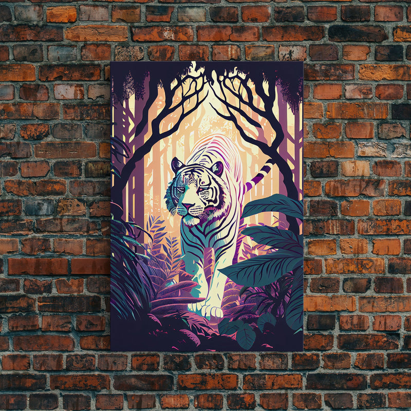 White tiger in the jungle, retro wave art, framed canvas print, albino tiger, rare art