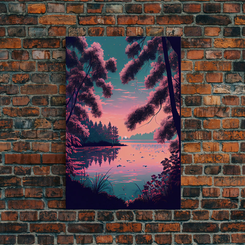 Beautiful Sunset over the lake, My Secret Spot, framed canvas print, Pinkwave retro style landscape art