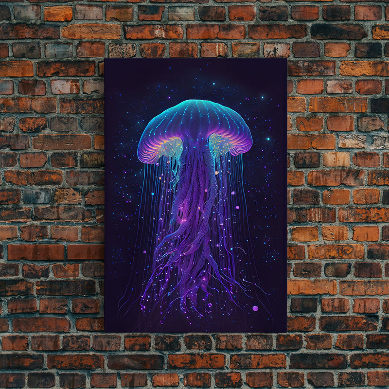 Bioluminescent Jellyfish against a Starry night sky, Cosmic Jelly Fish, Framed Canvas Print, synthwave style art