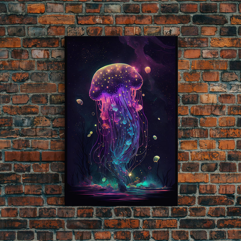 Bioluminescent Cosmic Jellyfish against a Starry night sky, JellyFish Art, Framed Canvas Print, synthwave style art