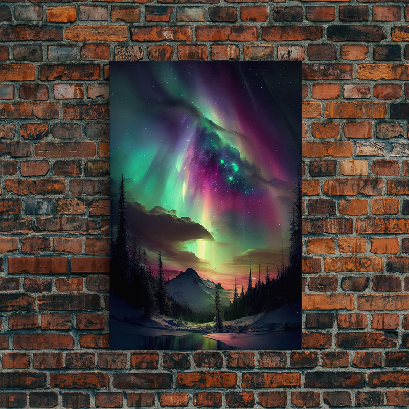 Aurora Borealis, Northern Lights Art, framed canvas print, snow capped mountain landscape art