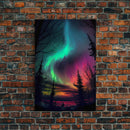 Aurora Borealis, Northern Lights Art, framed canvas print, snow capped mountain landscape art