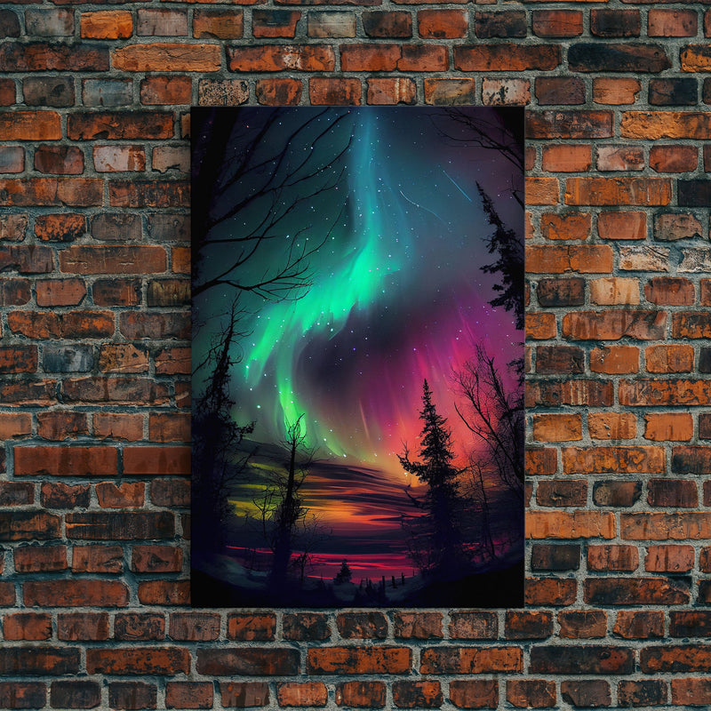 Aurora Borealis, Northern Lights Art, framed canvas print, snow capped mountain landscape art